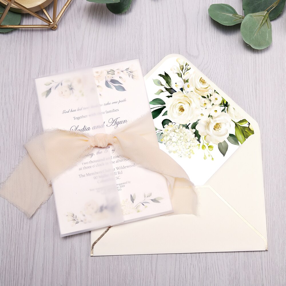 1 pcs Partecipazione di nozze in carta trasparente con stampa floreale in  diversi colori. (Cod.1-tras)